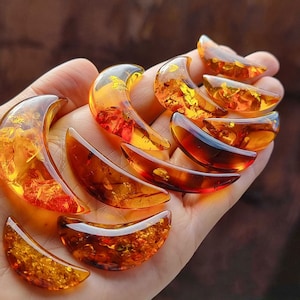 Natural Baltic Amber Cognac Color, Free Moon Shape Flat Bottom Cabochons, Various Sizes.