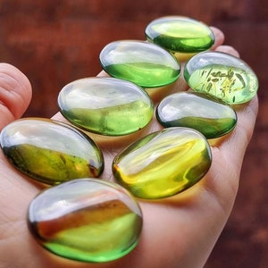Natural Amber Green Color, Free Round Shape Flat Bottom Cabochons, Various Sizes.