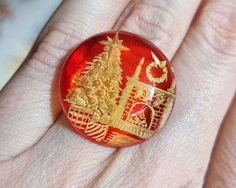 Fond de couleur rouge intaglio de Noël en ambre naturel, forme ronde calibrée régulière, cabochon à fond plat de 25 mm