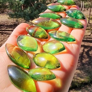 Natural Amber Green Color, Marquise Free Shape Flat Bottom Cabochons, Various Sizes.