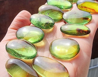 Natural Amber Green Color, Free Shape Flat Bottom Cabochons, Various Sizes.