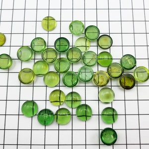 Natural Amber Green Color, Regular Calibrated Round Shape 6 - 8 - 10 - 12 - 14 mm Flat Bottom Cabochons, Various Sizes.