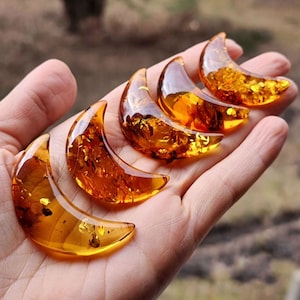 Natural Baltic Amber Cognac Color, Free Moon Shape Flat Bottom Cabochons, Various Sizes.