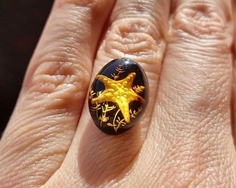 Natural Baltic Amber Starfish Intaglio Cherry Color bottom, Regular  Calibrated Oval Shape 13x18 mm Flat Bottom Cabochon