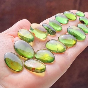 Natural Amber Green Color, Free Shape Flat Bottom Cabochons, Various Sizes.