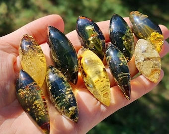 Natural Baltic Amber "Earth stone" Green Color, Free Marquise Shape Flat Bottom Cabochons, Various Sizes.