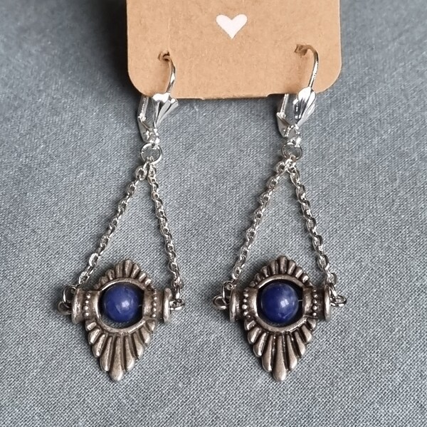 Boucles d'oreilles longues en pierre fine sodalite