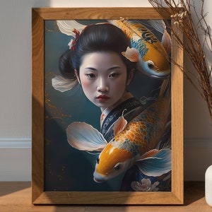 Japandi Decor Geisha with Koi Fish, Photorealistic printable Art, Japanese Art Prints, Digital Prints, Wall Decor, Japanese Decor