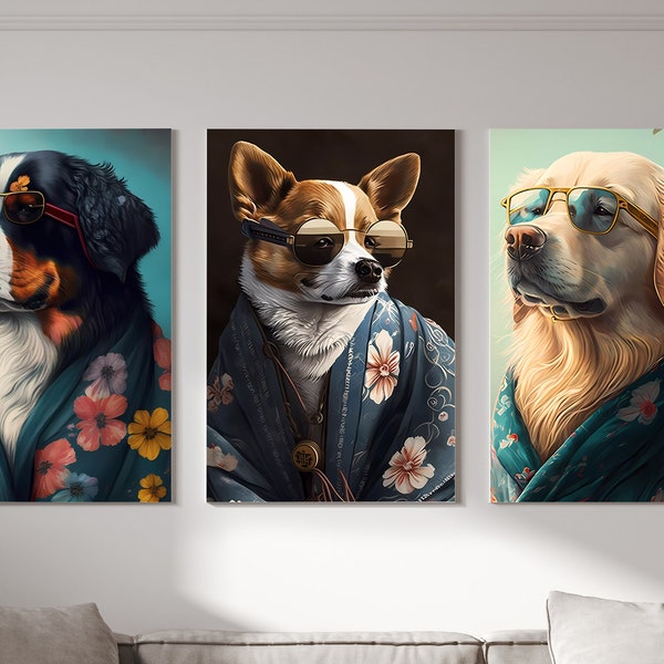 5 Japanese Dogs with sunglasses and kimono, digital prints, japandi decor, Dog prints, Ukiyo-E, Wall Decor, Digital Art