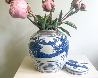 Large Blue and White Ginger Jar Vase: Chinoiserie Mountain Village Decor