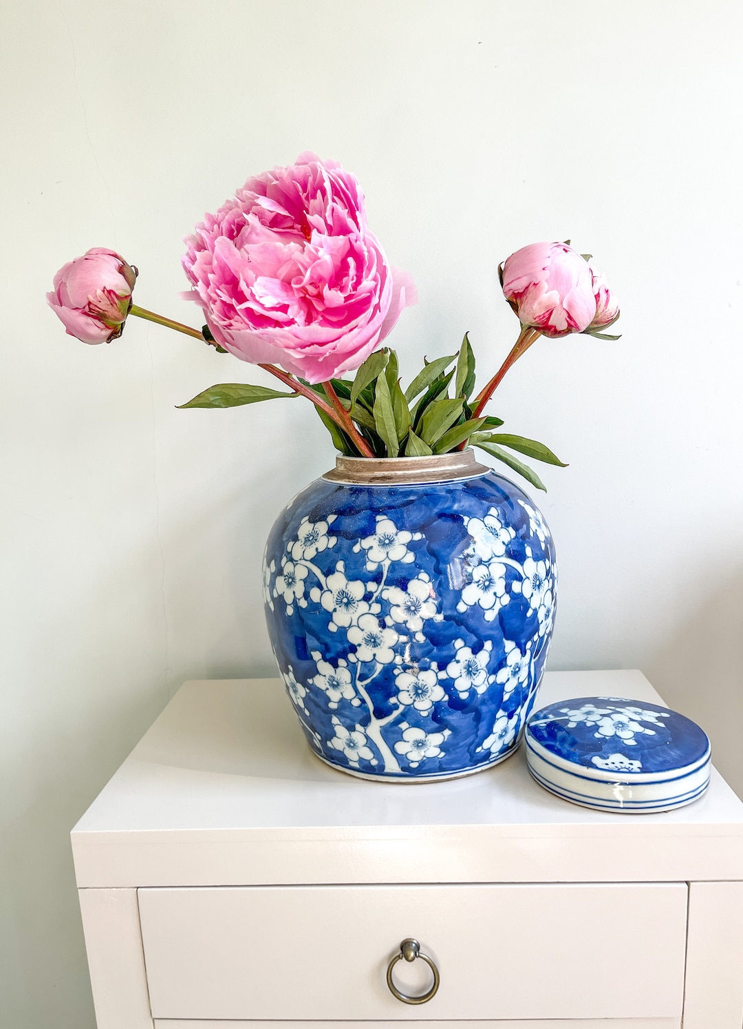 Large Prunus Ginger Jar Vase With Lid I Chinoiserie Etsy