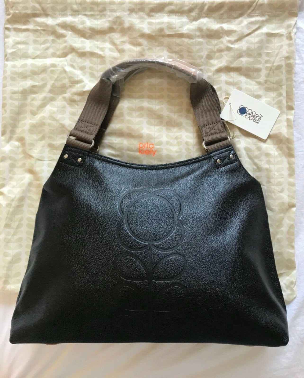 Orla Kiely Rare Black Flower Stem Leather Classic Zip Shoulder Bag and