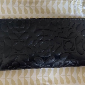 Orla Kiely Flower Black Embossed Leather Flat Folded Purse Wallet/Free Worldwide Shipping|Not Sling Shoulder Backpack Tote Bag Dress