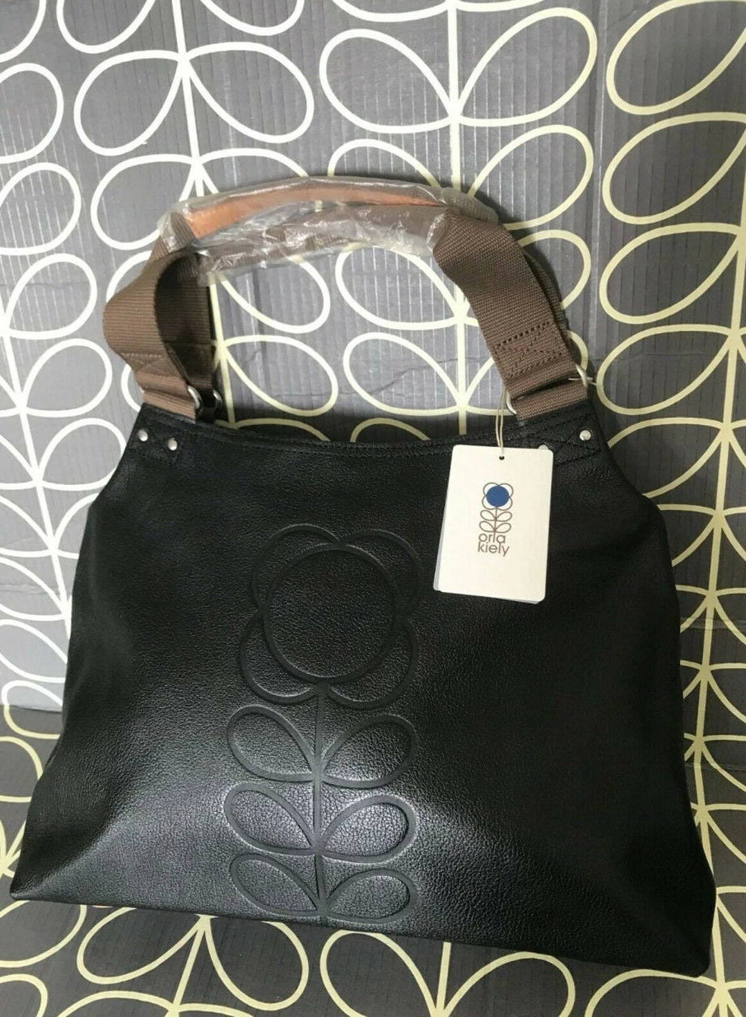 Orla Kiely Rare Black Flower Stem Leather Classic Zip Shoulder Bag and