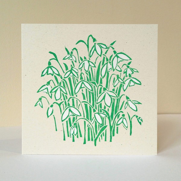 Snowdrops Original Linocut Print, square greeting card printed from handcarved lino, green ink on cream with handfinished snowdrop flowers