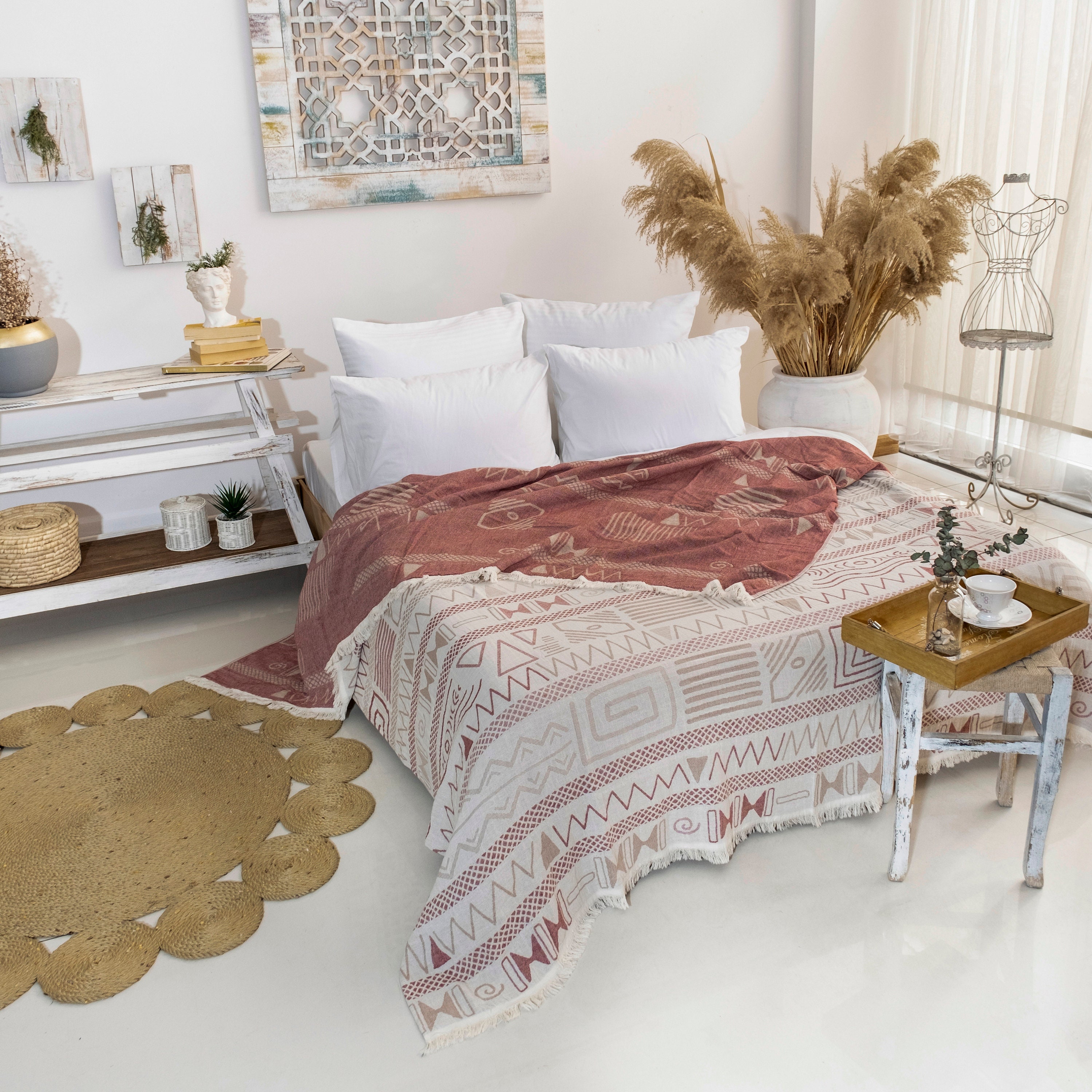 Cotton 100 Bedspread, Boho Blanket, King Size Bed Throw, Tagesdecke 200240cm, Bed Coverlet