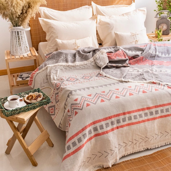 AfilCollectionHome Couvre-lit en coton bio 100 %, couverture bohème, très grand lit, taille 200 x 240 cm, jeté de lit, couverture en mousseline, couvre-lit simple