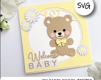 SVG Teddy Bear Card design, New Baby, DIY Digital layered cutting files for papercraft, cardstock. Square Card front.