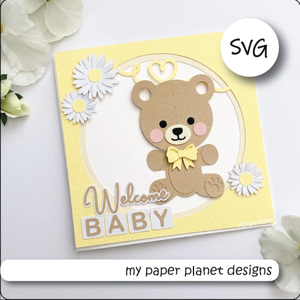 SVG Teddy Bear Card design, New Baby, DIY Digital layered cutting files for papercraft, cardstock. Square Card front.