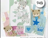 SVG Baby Overall Card front design with Teddy bear, New Baby, DIY Digital layered cutting files for papercraft, cardstock. For 5x7 card.
