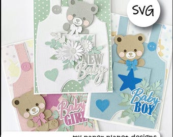 SVG Baby Overall Card front design with Teddy bear, New Baby, DIY Digital layered cutting files for papercraft, cardstock. For 5x7 card.