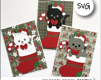 SVG Cat in Stocking Christmas card topper design, DIY Digital layered cutting files for papercraft, cardstock. For A6 card.