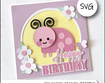 SVG Cute Ladybug Card design, Happy Birthday, DIY Digital layered cutting files for papercraft, cardstock. Square Card front.