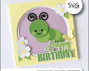 SVG Cute Caterpillar Card design, Happy Birthday, DIY Digital layered cutting files for papercraft, cardstock. Square Card front.