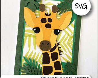 SVG Giraffe Birthday Card topper design, DIY Digital layered cutting files for papercraft, cardstock. For 5x7 card.