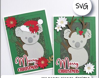SVG Koala Christmas Card design, Santa hat and reindeer antlers. DIY Digital layered cutting files for papercraft. 5X7 Card front.
