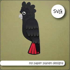Czarne kakadu o czerwonym ogonie w formacie SVG, cyfrowe pliki do wycinania warstwowego DIY do modeli papierowych i kartonowych.