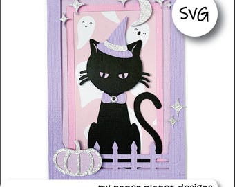 SVG Black Cat Halloween Card design, DIY Digital layered cutting files for papercraft, cardstock. A6 Card front, topper.