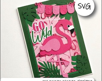 SVG Flamingo Birthday Card topper design, DIY Digital layered cutting files for papercraft, cardstock. For 5x7 card.
