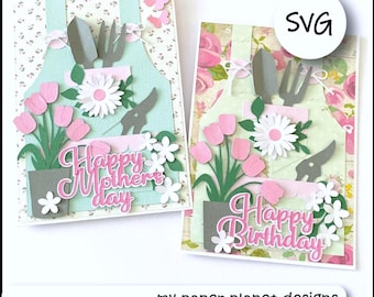 SVG Garden Apron Card topper design with flowers, DIY Digital layered cutting files for papercraft, cardstock. For 5x7 card.