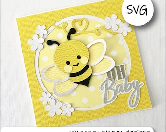 SVG Bee Baby Card Topper design, New Baby, DIY Digital layered cutting files for papercraft, cardstock. Square Card front. Boy or girl.