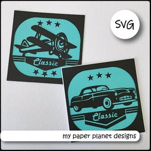 SVG Layered Klassisches Kartendesign, DIY Digitale Schnittdateien für Papier, Karton. Vintage Flugzeug, Auto für Vatertag oder Geburtstagskarte.