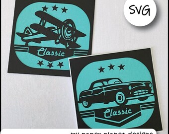SVG Layered Classic card design, DIY Digital cutting files for papercraft, cardstock. Vintage plane, car for Father's day or birthday card.