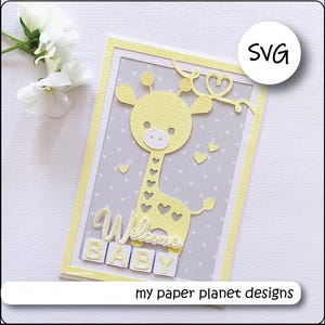 SVG Giraffe Baby Kartendesign, neues Baby, DIY digital überlagerte Schneidedateien für Papier, Karton. 6x4 Karte Vorderseite.