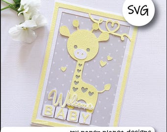 SVG Giraffe Baby Card design, New Baby, DIY Digital layered cutting files for papercraft, cardstock. 6x4 Card front.