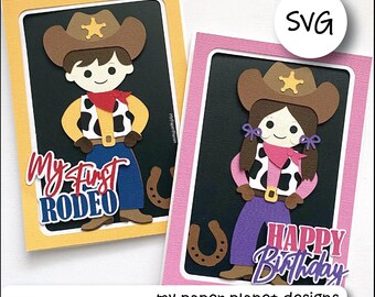 SVG Cowboy or Cowgirl birthday card front design, DIY Digital layered cutting files for papercraft, cardstock. For 5x7 card. First rodeo.