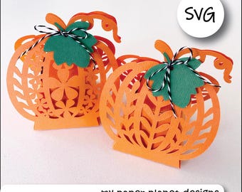 SVG Thanksgiving Pumpkin gift box, mini treat box. Leaf floral designs. Digital cutting files for papercraft.