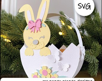 SVG Easter Egg Basket with Bunny, DIY Digital layered cutting files for papercraft, cardstock. Easter crafts.