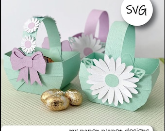 Canasta de Pascua SVG con flores. Archivos de corte digitales en capas para manualidades de papel y cartulina. Manualidades de Pascua.