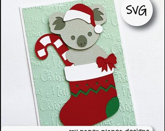SVG Koala Stocking Christmas card topper design, DIY Digital layered cutting files for papercraft, cardstock. For A6 card.