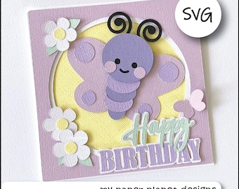 SVG Cute Butterfly Card design, Happy Birthday, DIY Digital layered cutting files for papercraft, cardstock. Square Card front.