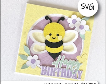 SVG Cute Bumble bee Card design, Happy Birthday, DIY Digital layered cutting files for papercraft, cardstock. Square Card front.