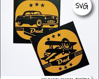 SVG Layered DAD card design, DIY Digital cutting files for papercraft, cardstock. Vintage plane, car for Father's day or birthday card.