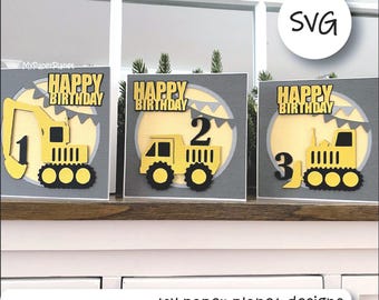 SVG Construction Birthday Card design, Digger, truck, bulldozer. DIY Digital layered cutting files for papercraft. Square Card front.