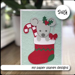SVG Mouse Stocking Christmas card topper design, DIY Digital layered cutting files for papercraft, cardstock. For A6 card.