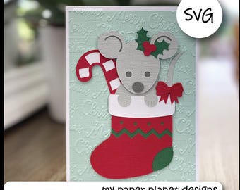 SVG Mouse Stocking Christmas card topper design, DIY Digital layered cutting files for papercraft, cardstock. For A6 card.